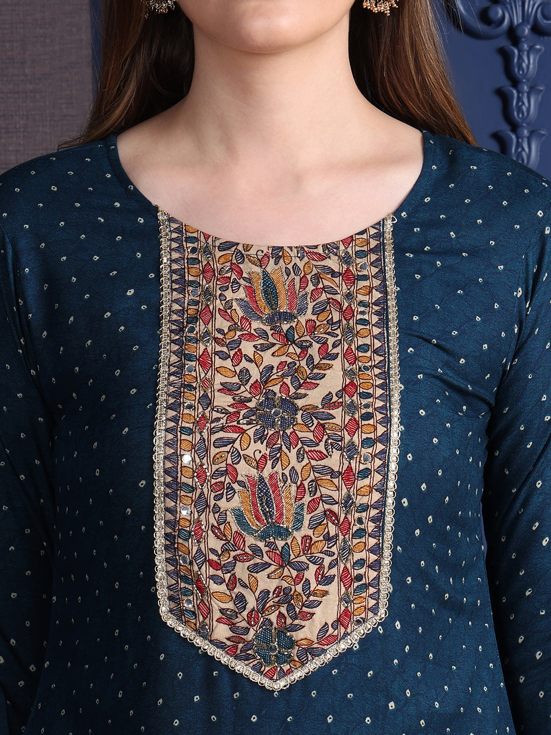 Hand Embroidered & Printed Kurta With Pant & Dupatta, Teal - Hiral Fashion