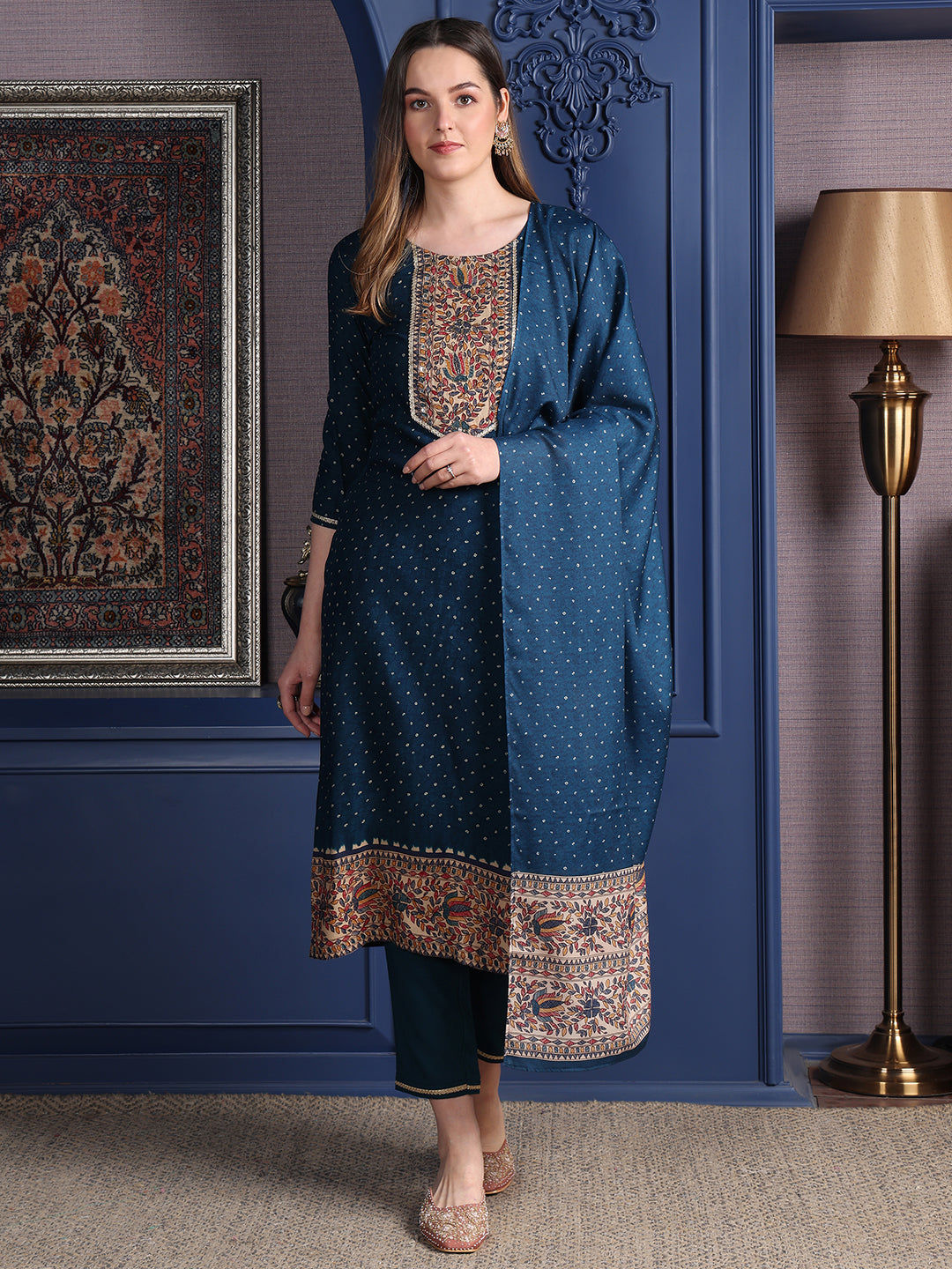 Hand Embroidered & Printed Kurta With Pant & Dupatta, Teal - Hiral Fashion