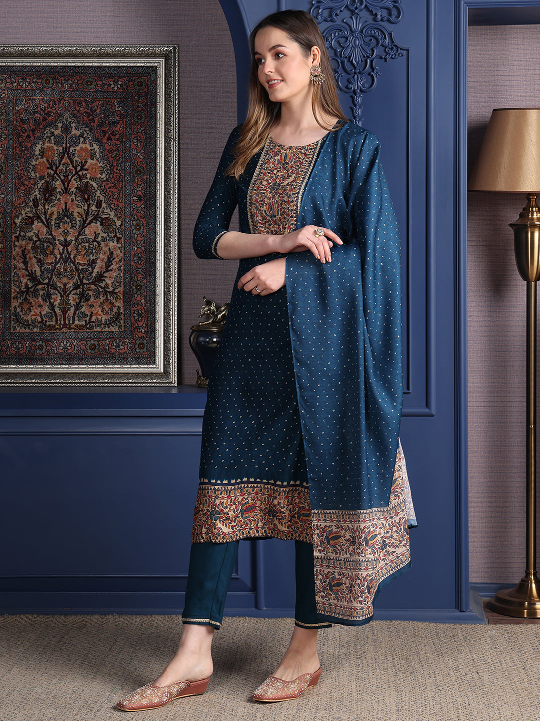 Hand Embroidered & Printed Kurta With Pant & Dupatta, Teal - Hiral Fashion