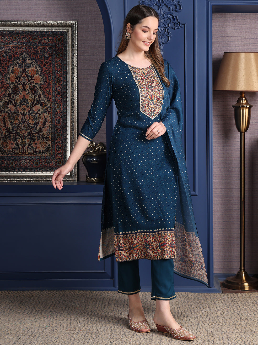 Hand Embroidered & Printed Kurta With Pant & Dupatta, Teal - Hiral Fashion