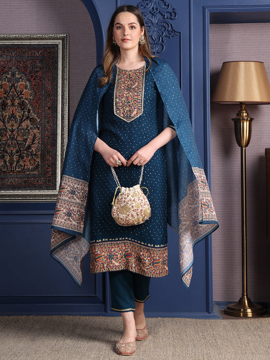 Hand Embroidered & Printed Kurta With Pant & Dupatta, Teal - Hiral Fashion
