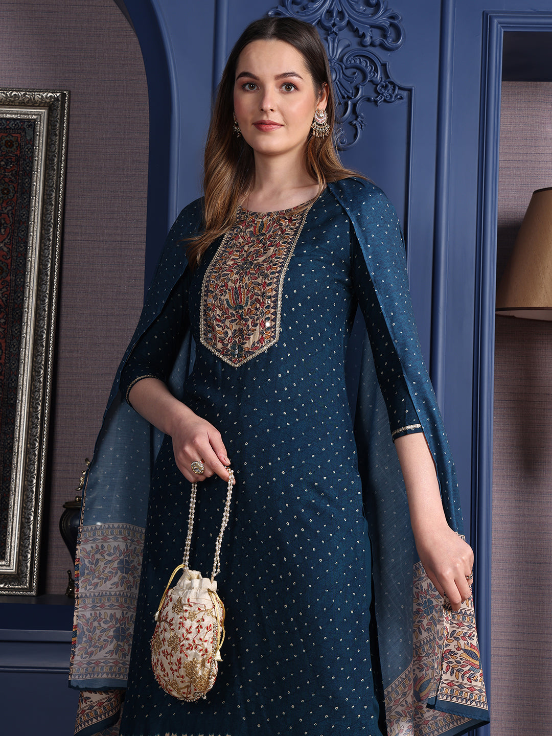 Hand Embroidered & Printed Kurta With Pant & Dupatta, Teal - Hiral Fashion