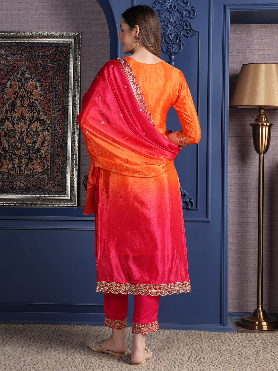 Embroidered Two Toned Kurta With Pant & Embroidered Dupatta, Orange - Hiral Fashion