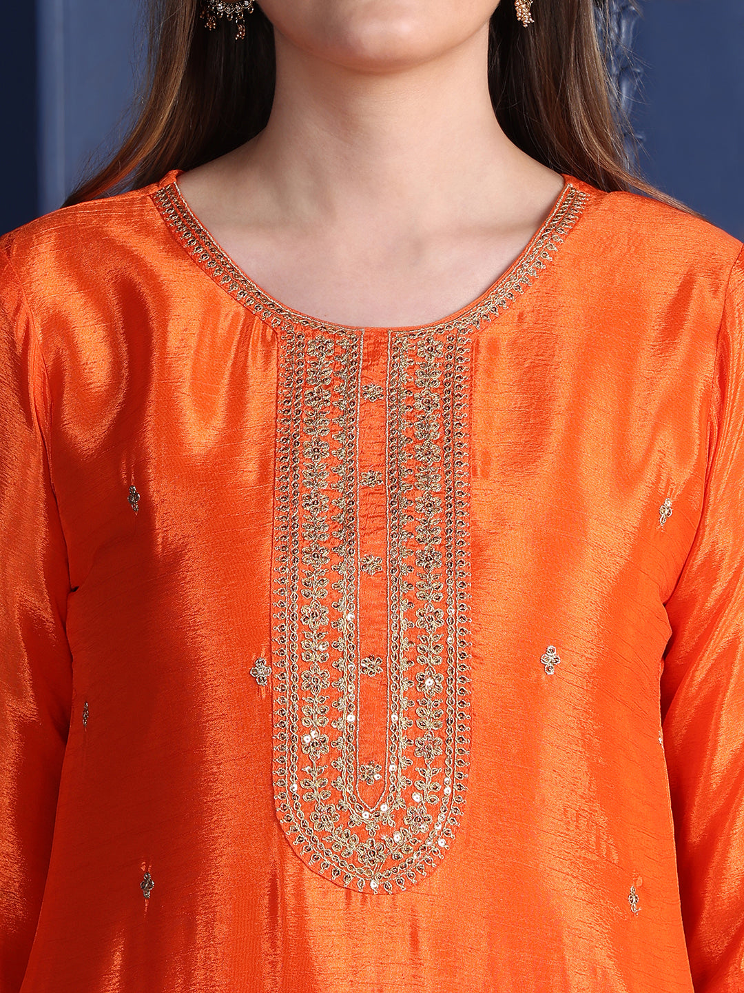 Embroidered Two Toned Kurta With Pant & Embroidered Dupatta, Orange - Hiral Fashion