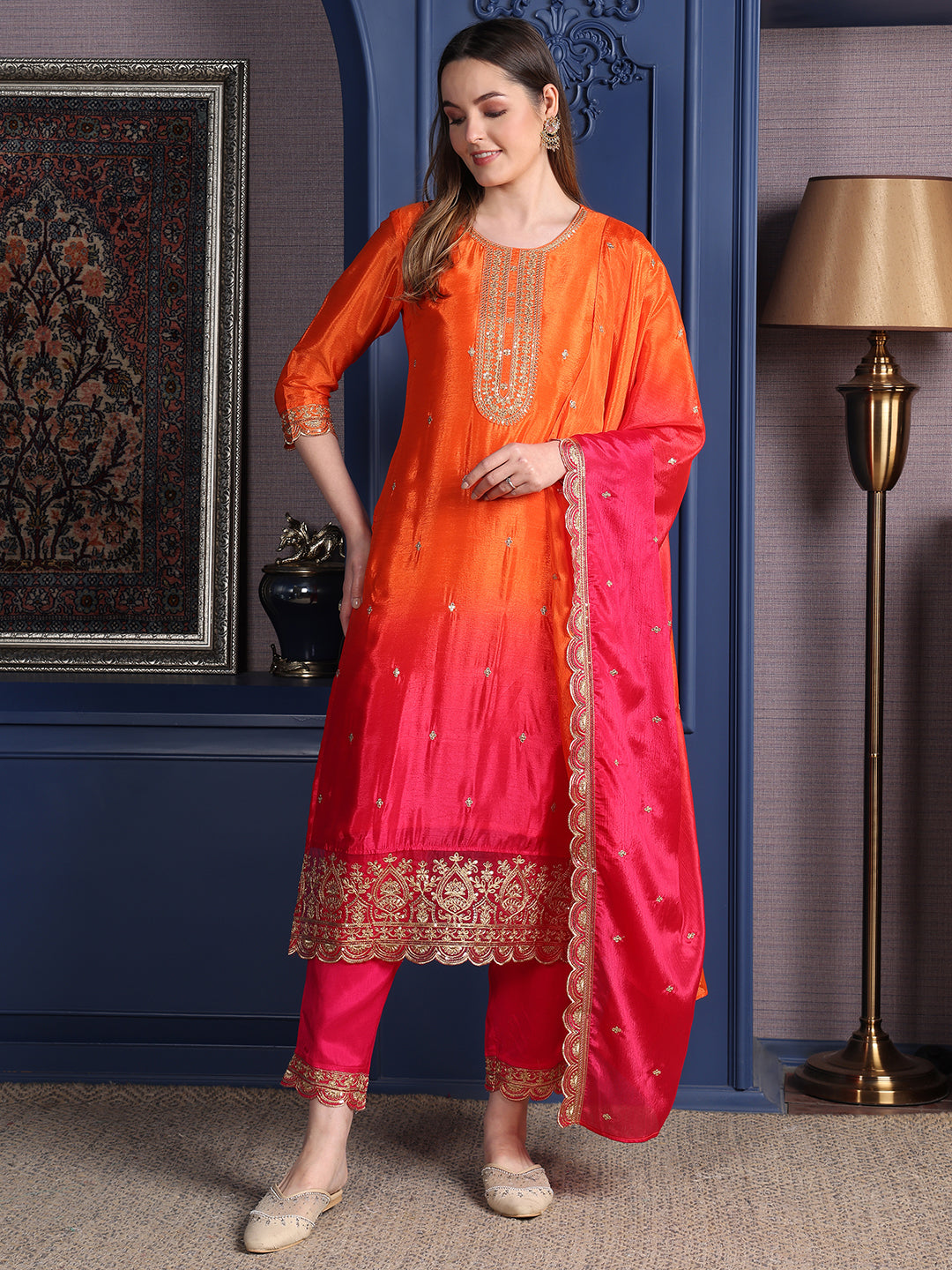 Embroidered Two Toned Kurta With Pant & Embroidered Dupatta, Orange - Hiral Fashion