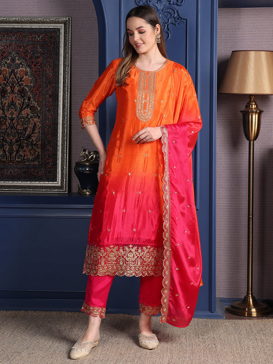 Embroidered Two Toned Kurta With Pant & Embroidered Dupatta, Orange - Hiral Fashion