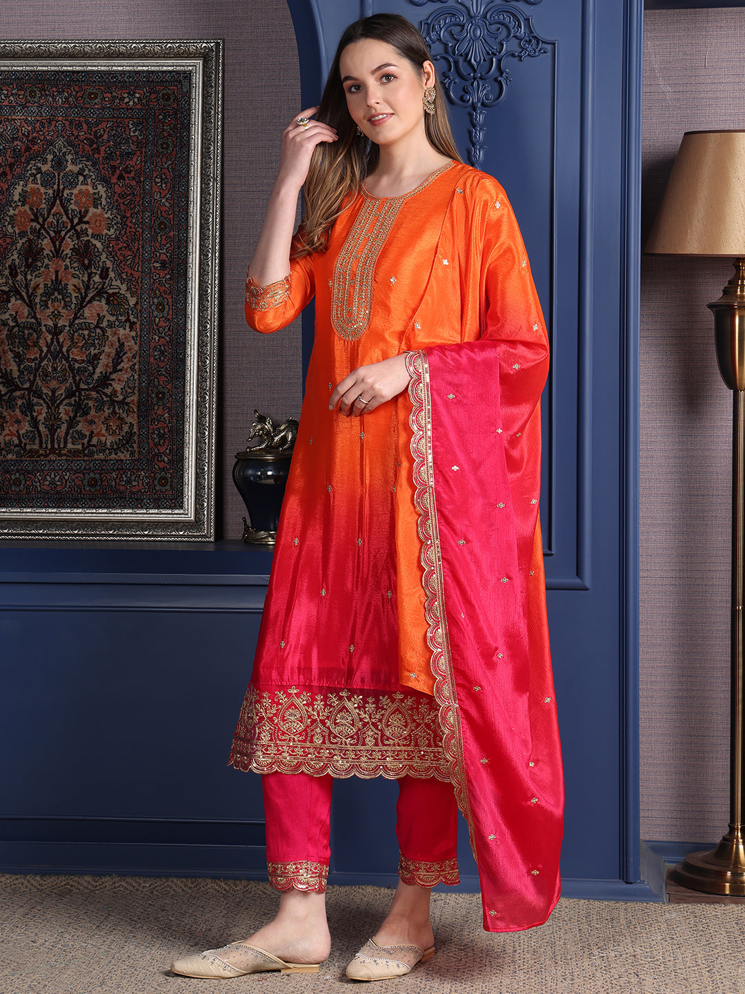 Embroidered Two Toned Kurta With Pant & Embroidered Dupatta, Orange - Hiral Fashion