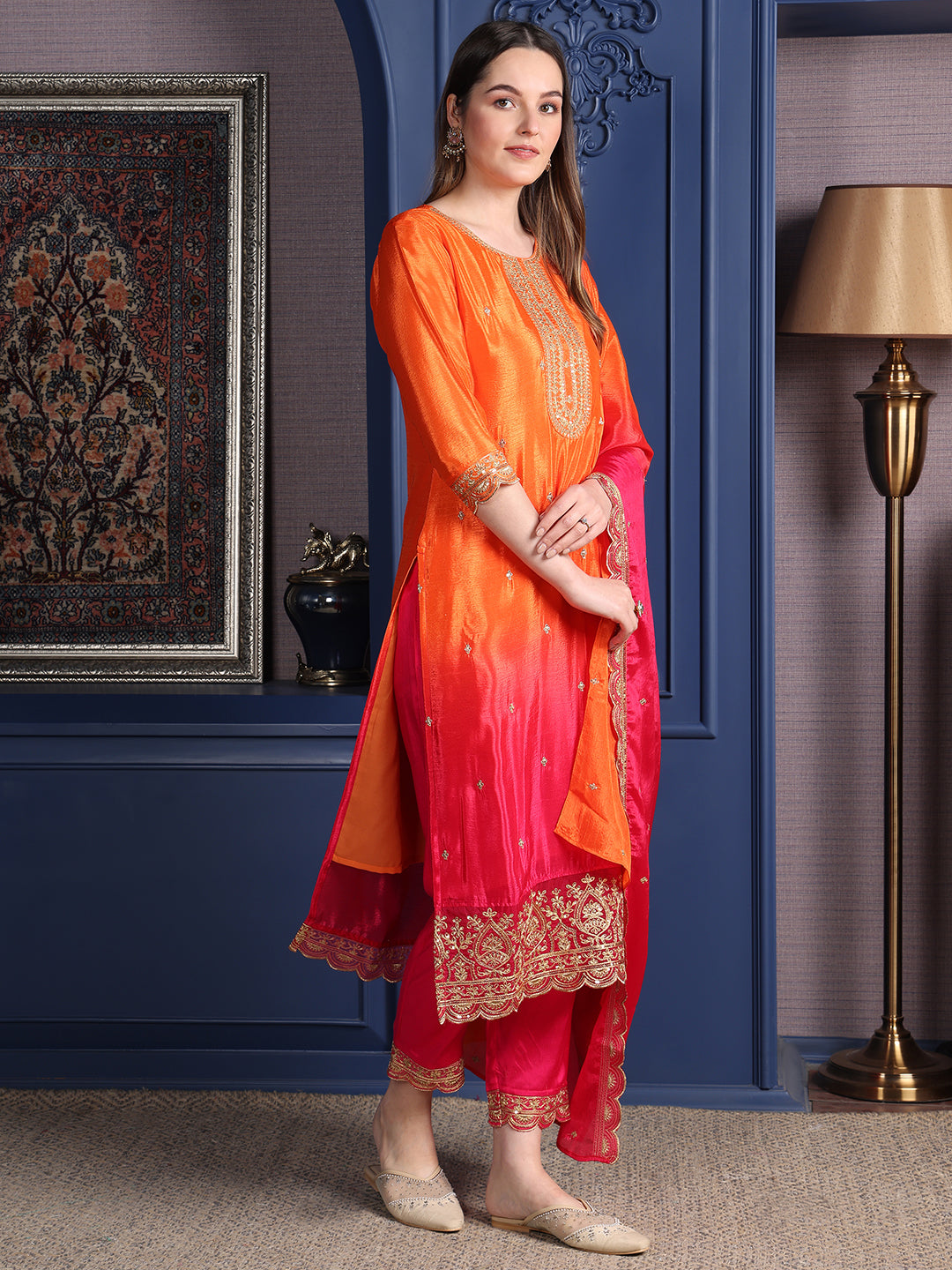 Embroidered Two Toned Kurta With Pant & Embroidered Dupatta, Orange - Hiral Fashion