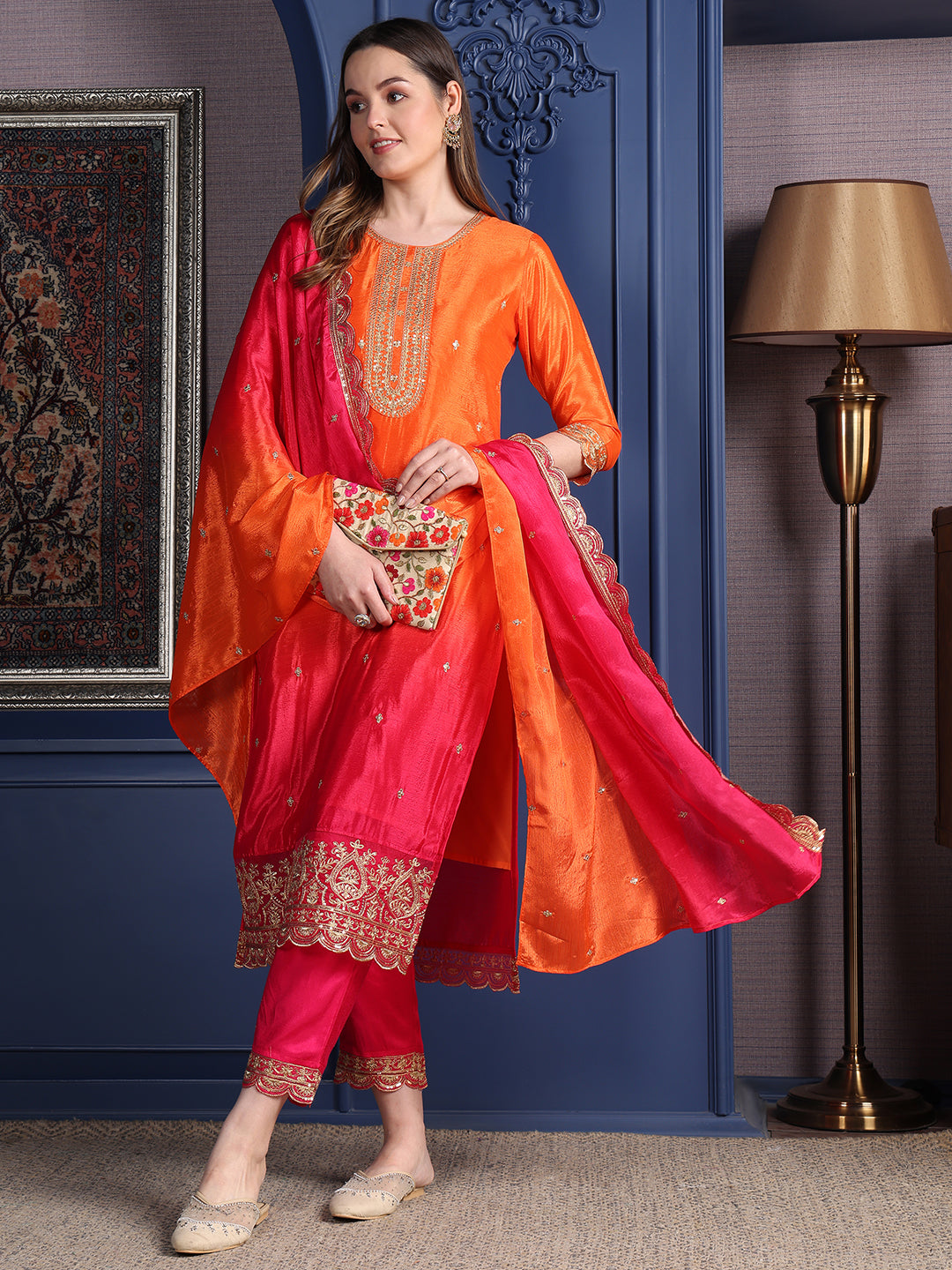 Embroidered Two Toned Kurta With Pant & Embroidered Dupatta, Orange - Hiral Fashion