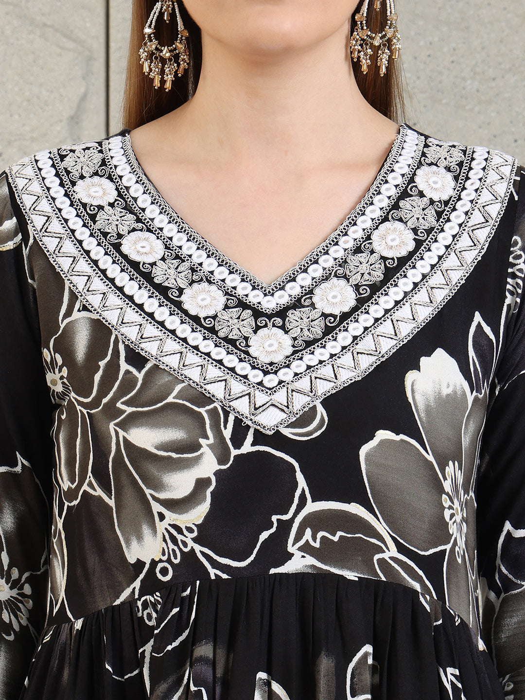 Embroidered & Floral Printed Flared A-Line Kurta With Pant & Dupatta, Black - Hiral Fashion