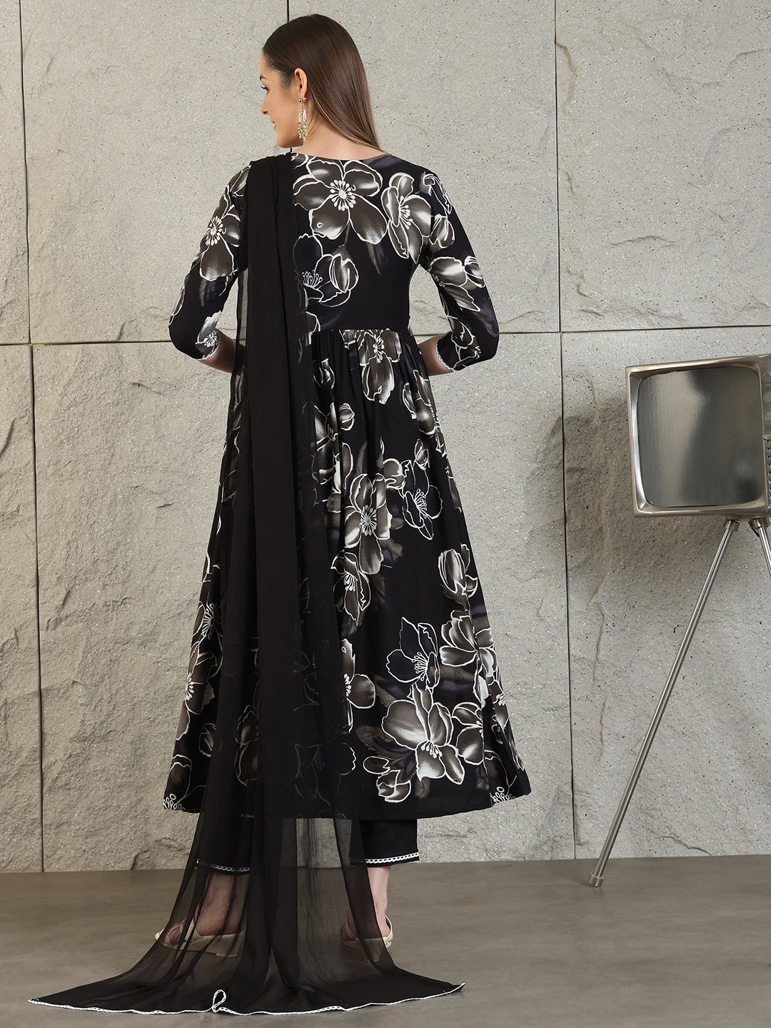 Embroidered & Floral Printed Flared A-Line Kurta With Pant & Dupatta, Black - Hiral Fashion