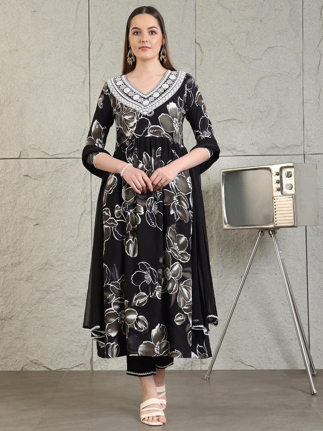 Embroidered & Floral Printed Flared A-Line Kurta With Pant & Dupatta, Black - Hiral Fashion