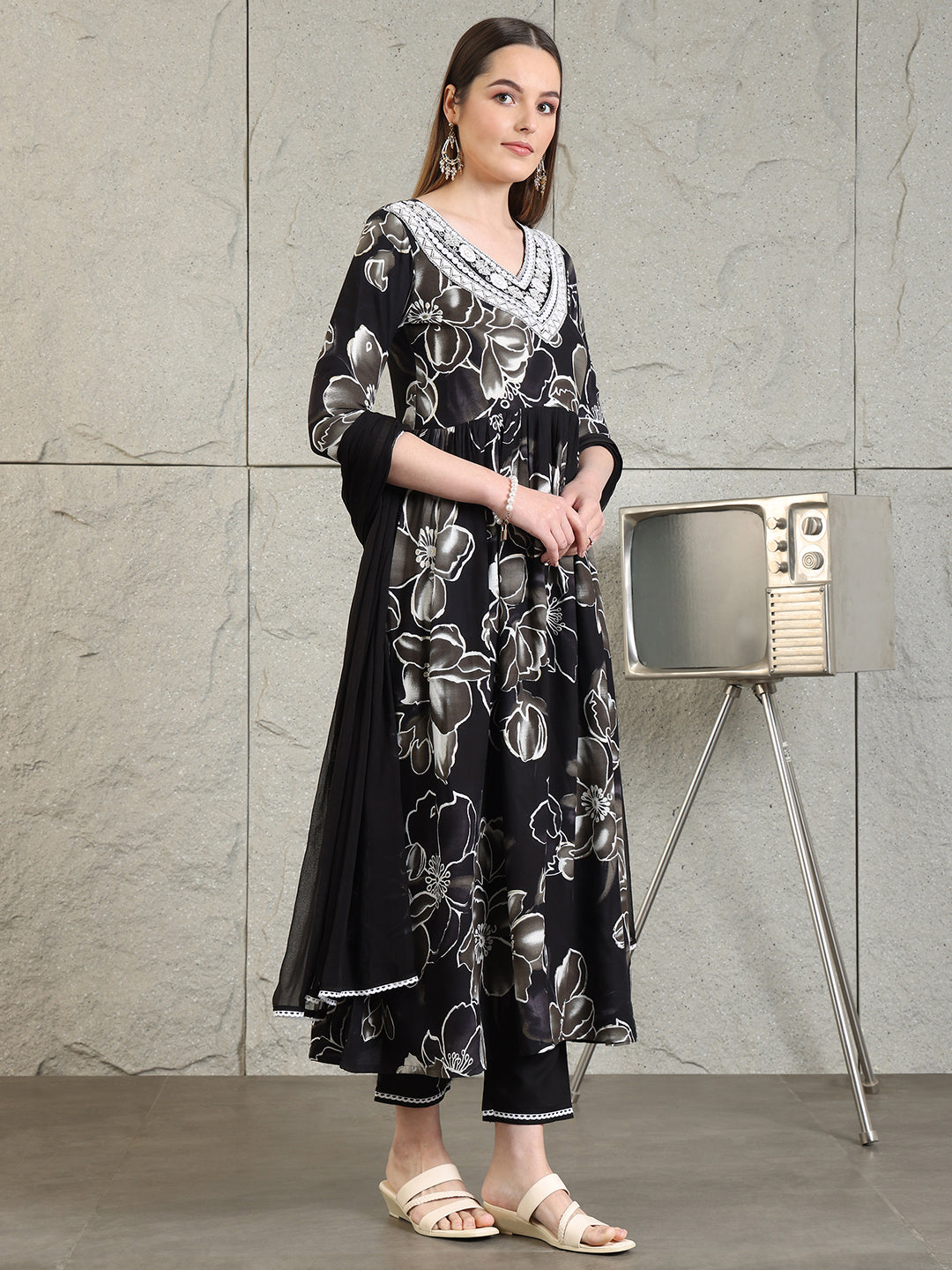 Embroidered & Floral Printed Flared A-Line Kurta With Pant & Dupatta, Black - Hiral Fashion