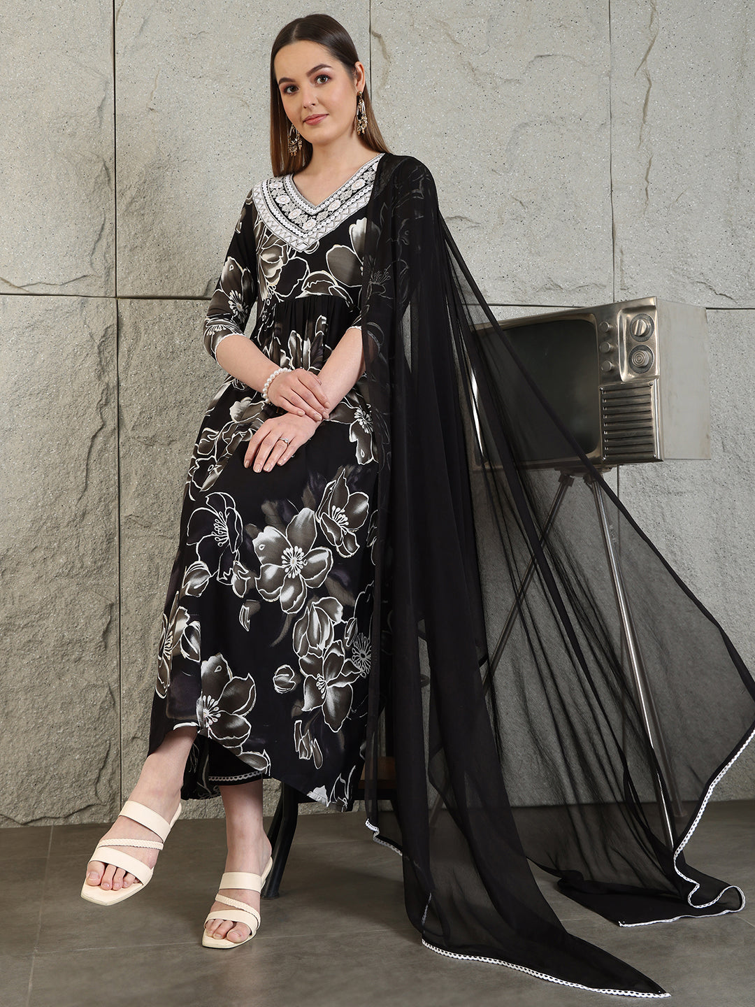 Embroidered & Floral Printed Flared A-Line Kurta With Pant & Dupatta, Black - Hiral Fashion