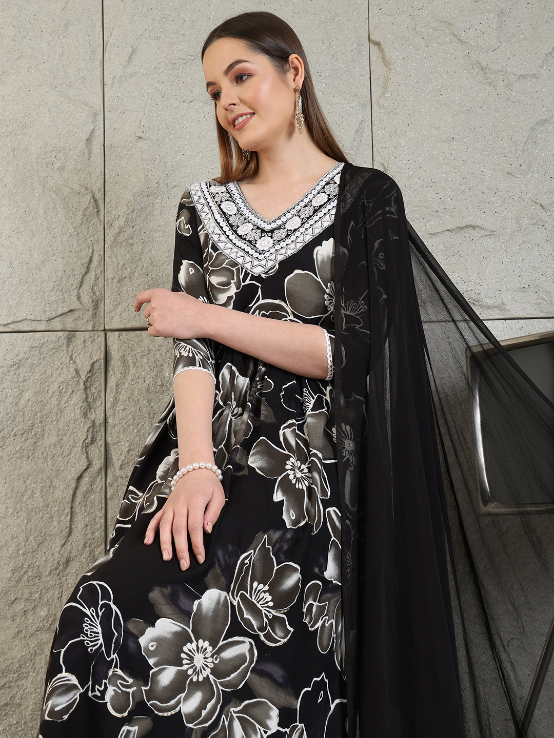 Embroidered & Floral Printed Flared A-Line Kurta With Pant & Dupatta, Black - Hiral Fashion
