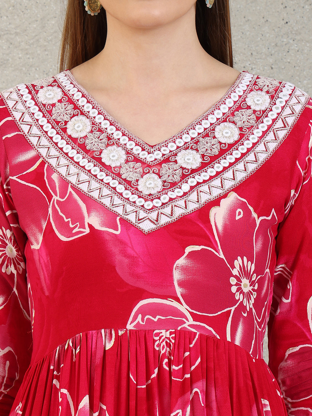 Embroidered & Floral Printed Flared A-Line Kurta With Pant & Dupatta, Pink - Hiral Fashion