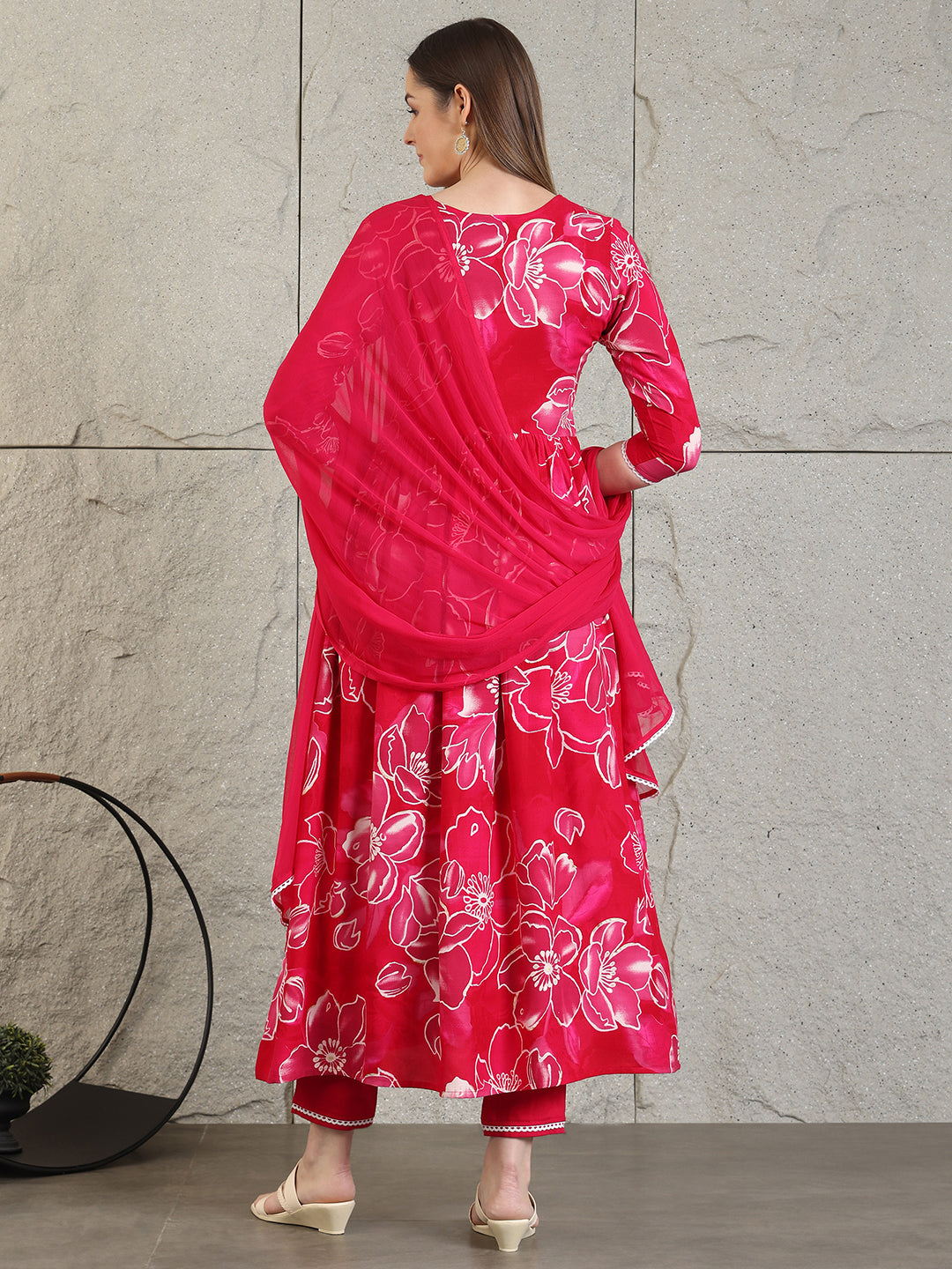 Embroidered & Floral Printed Flared A-Line Kurta With Pant & Dupatta, Pink - Hiral Fashion