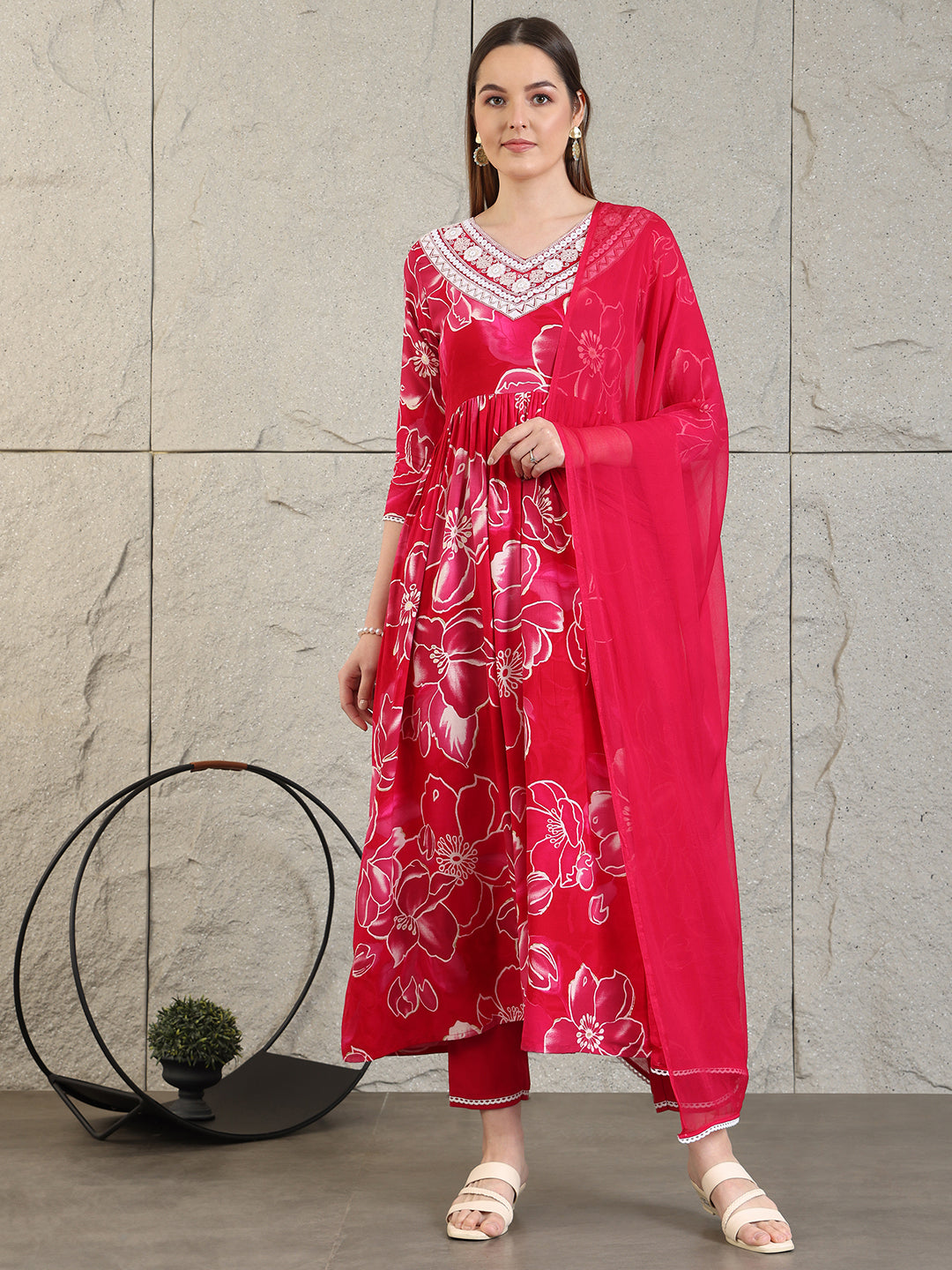 Embroidered & Floral Printed Flared A-Line Kurta With Pant & Dupatta, Pink - Hiral Fashion