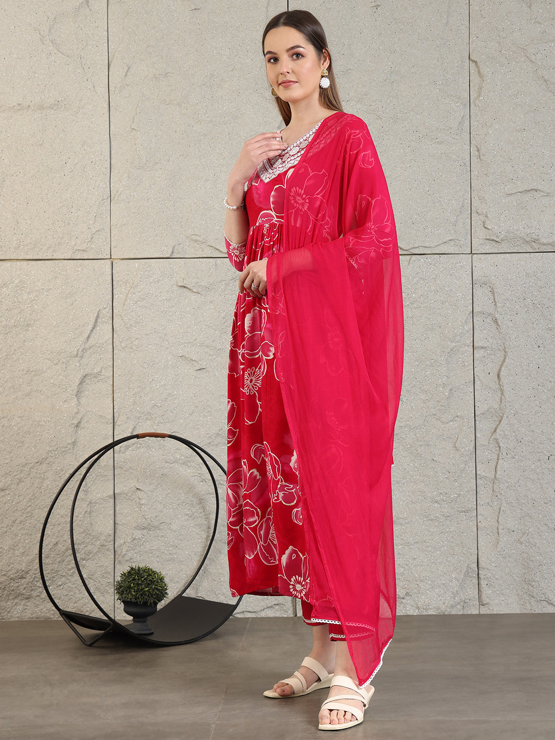 Embroidered & Floral Printed Flared A-Line Kurta With Pant & Dupatta, Pink - Hiral Fashion