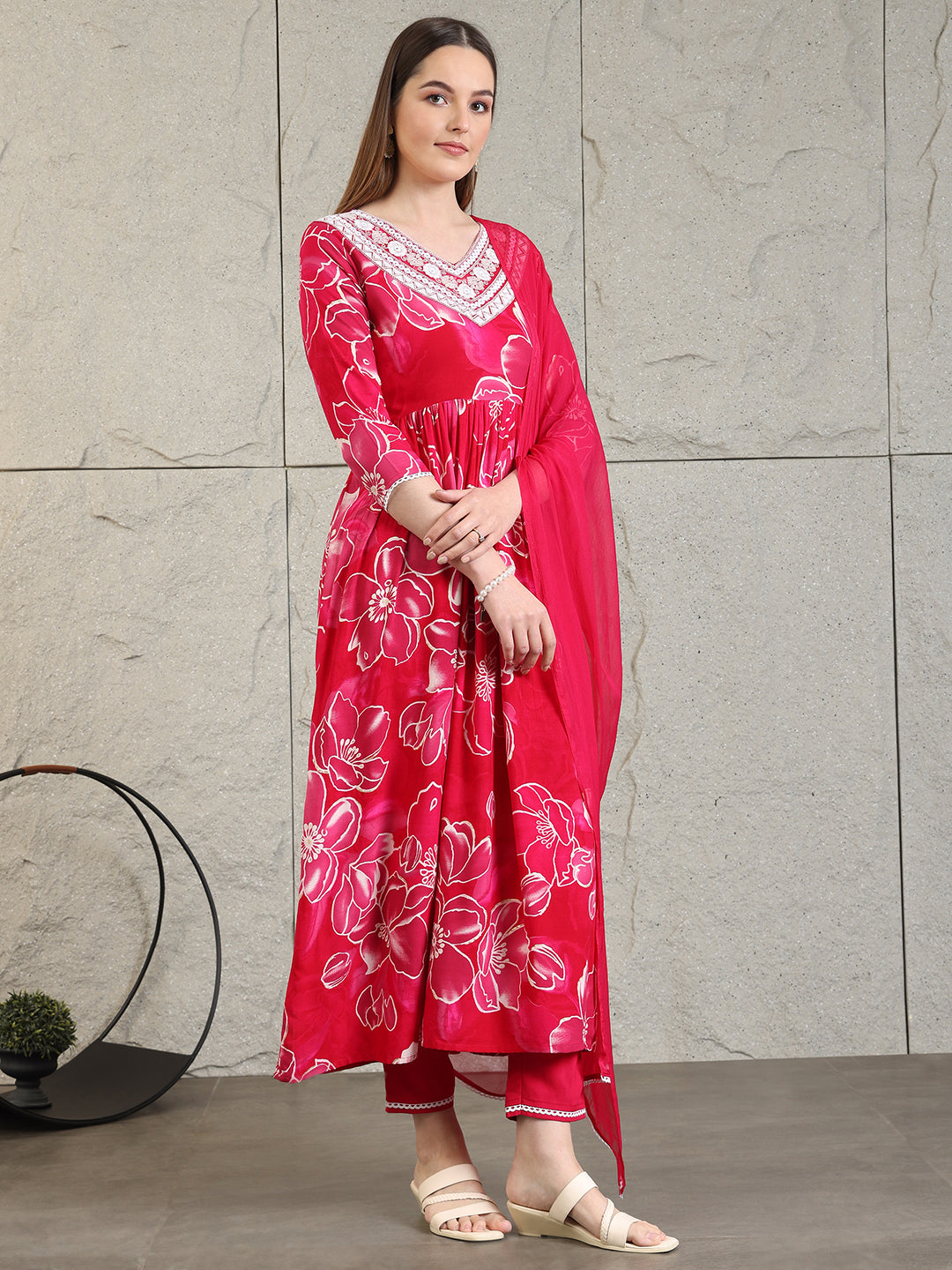Embroidered & Floral Printed Flared A-Line Kurta With Pant & Dupatta, Pink - Hiral Fashion