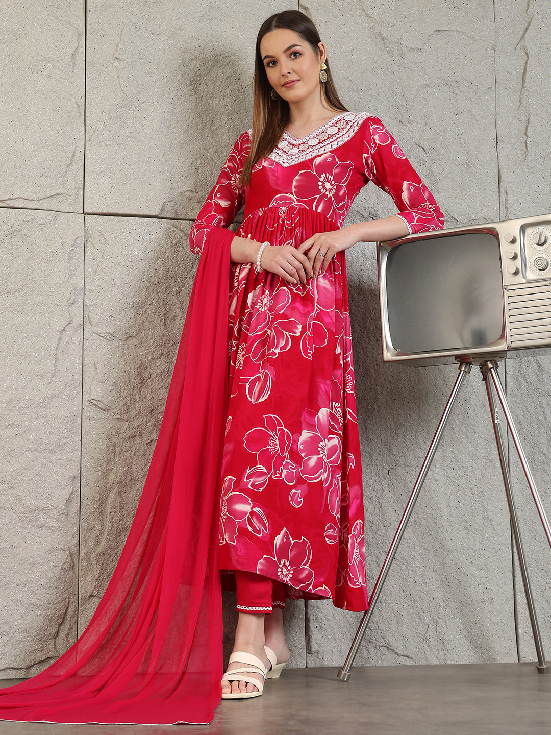 Embroidered & Floral Printed Flared A-Line Kurta With Pant & Dupatta, Pink - Hiral Fashion