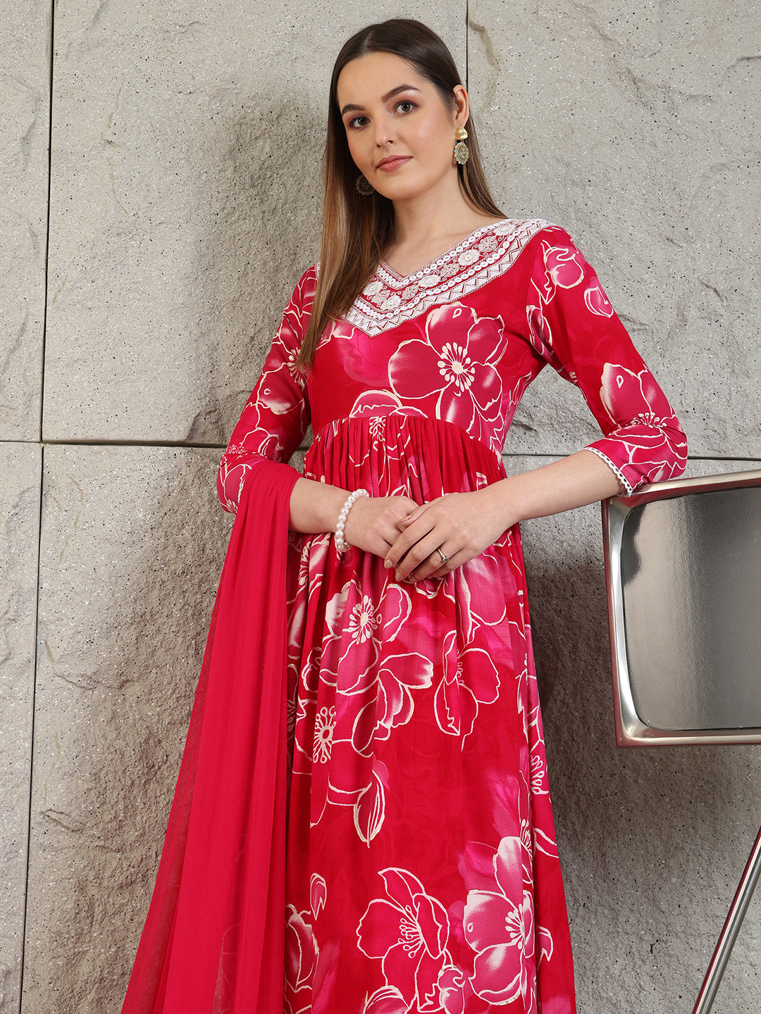 Embroidered & Floral Printed Flared A-Line Kurta With Pant & Dupatta, Pink - Hiral Fashion