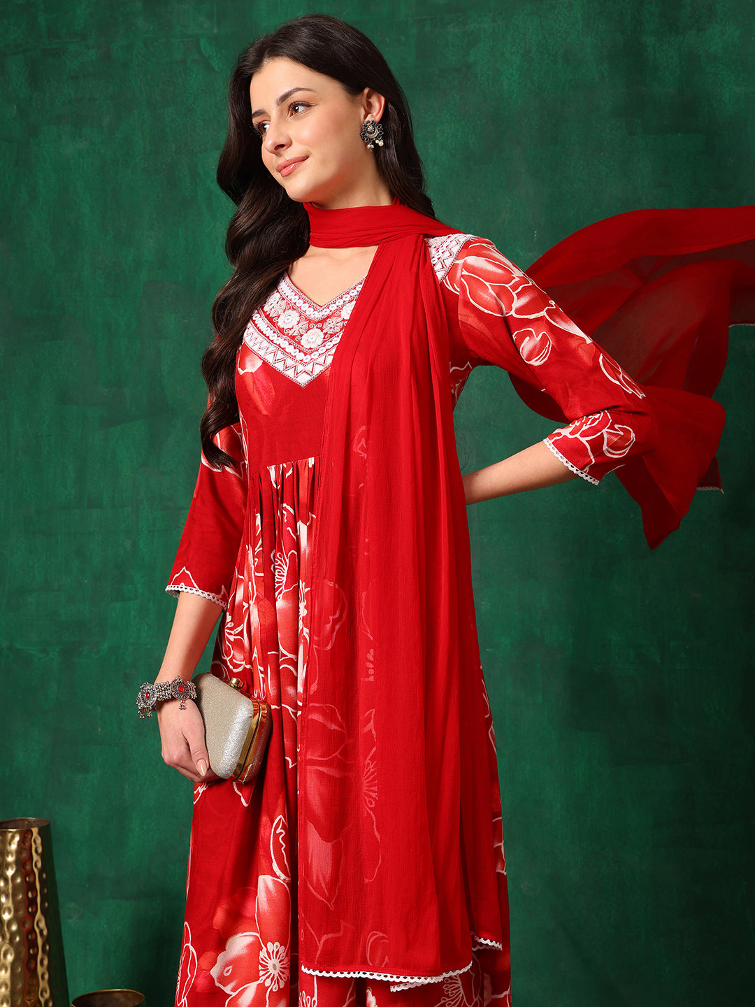 Embroidered & Floral Printed Flared A-Line Kurta With Pant & Dupatta, Red - Hiral Fashion