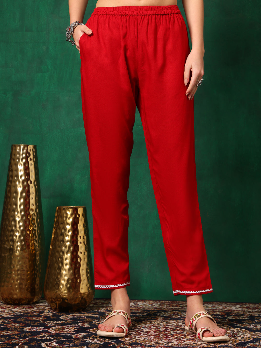 Embroidered & Floral Printed Flared A-Line Kurta With Pant & Dupatta, Red - Hiral Fashion