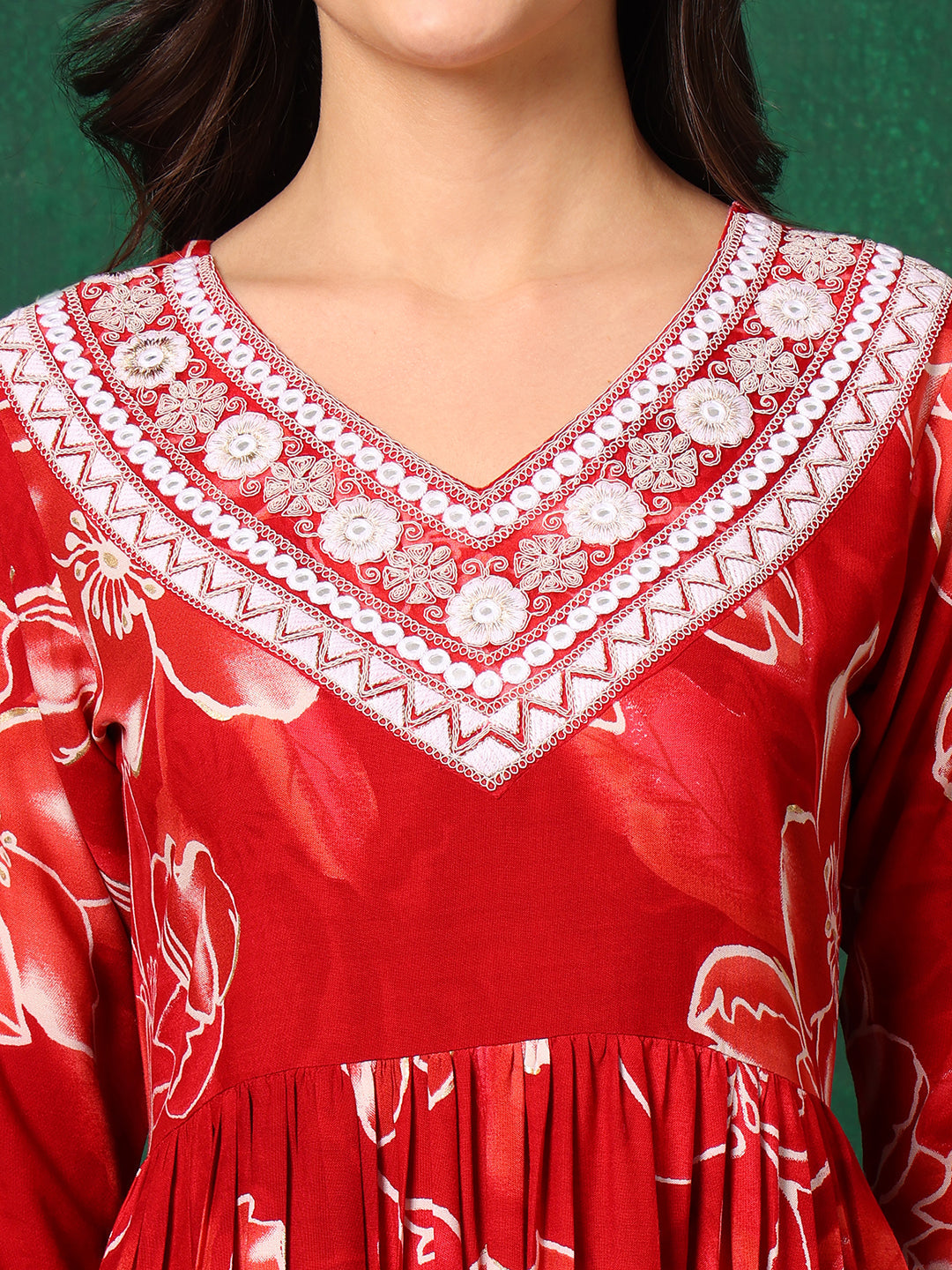 Embroidered & Floral Printed Flared A-Line Kurta With Pant & Dupatta, Red - Hiral Fashion