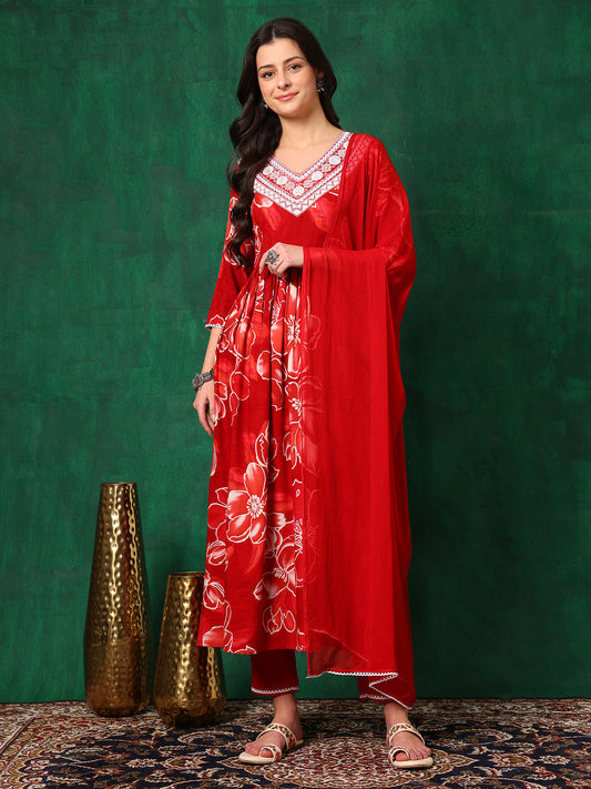 Embroidered & Floral Printed Flared A-Line Kurta With Pant & Dupatta, Red - Hiral Fashion