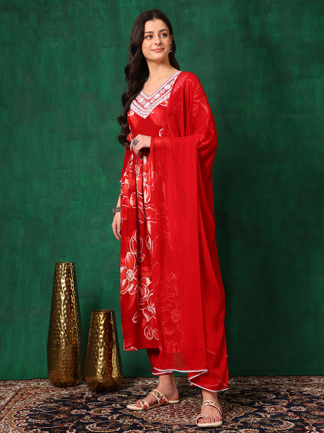 Embroidered & Floral Printed Flared A-Line Kurta With Pant & Dupatta, Red - Hiral Fashion