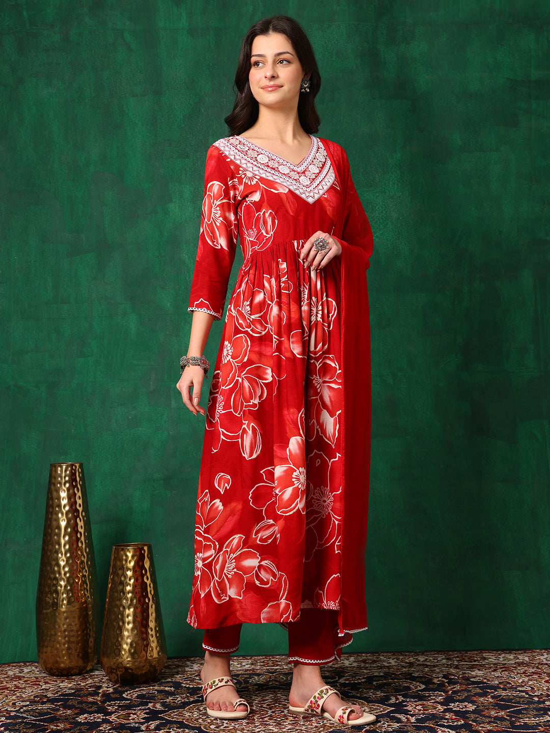 Embroidered & Floral Printed Flared A-Line Kurta With Pant & Dupatta, Red - Hiral Fashion