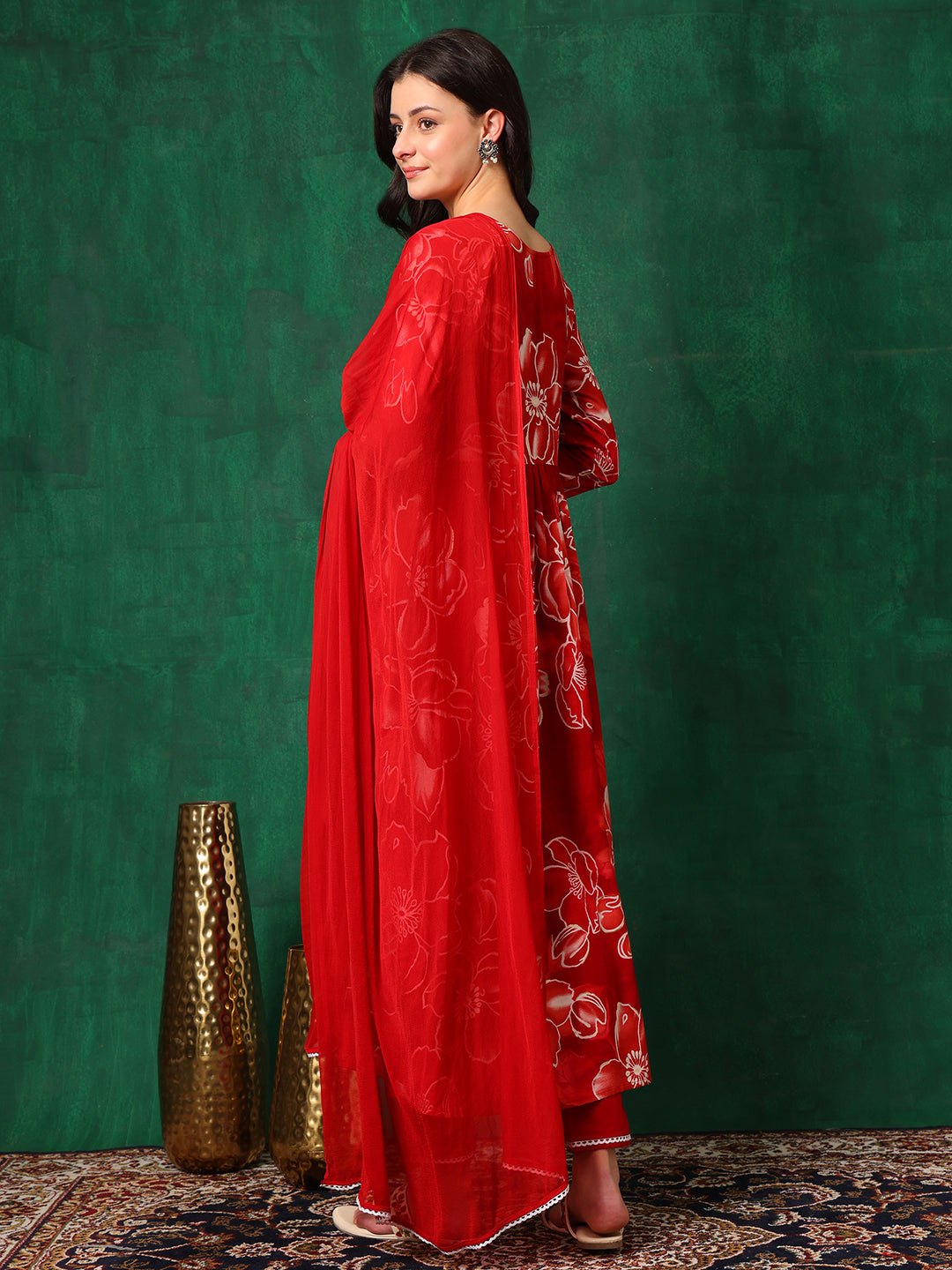 Embroidered & Floral Printed Flared A-Line Kurta With Pant & Dupatta, Red - Hiral Fashion