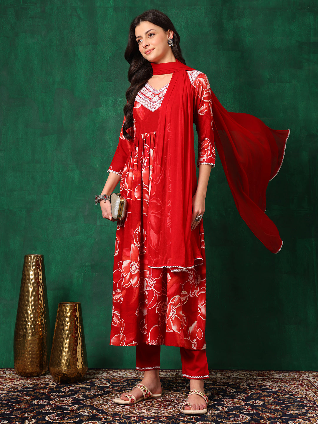 Embroidered & Floral Printed Flared A-Line Kurta With Pant & Dupatta, Red - Hiral Fashion
