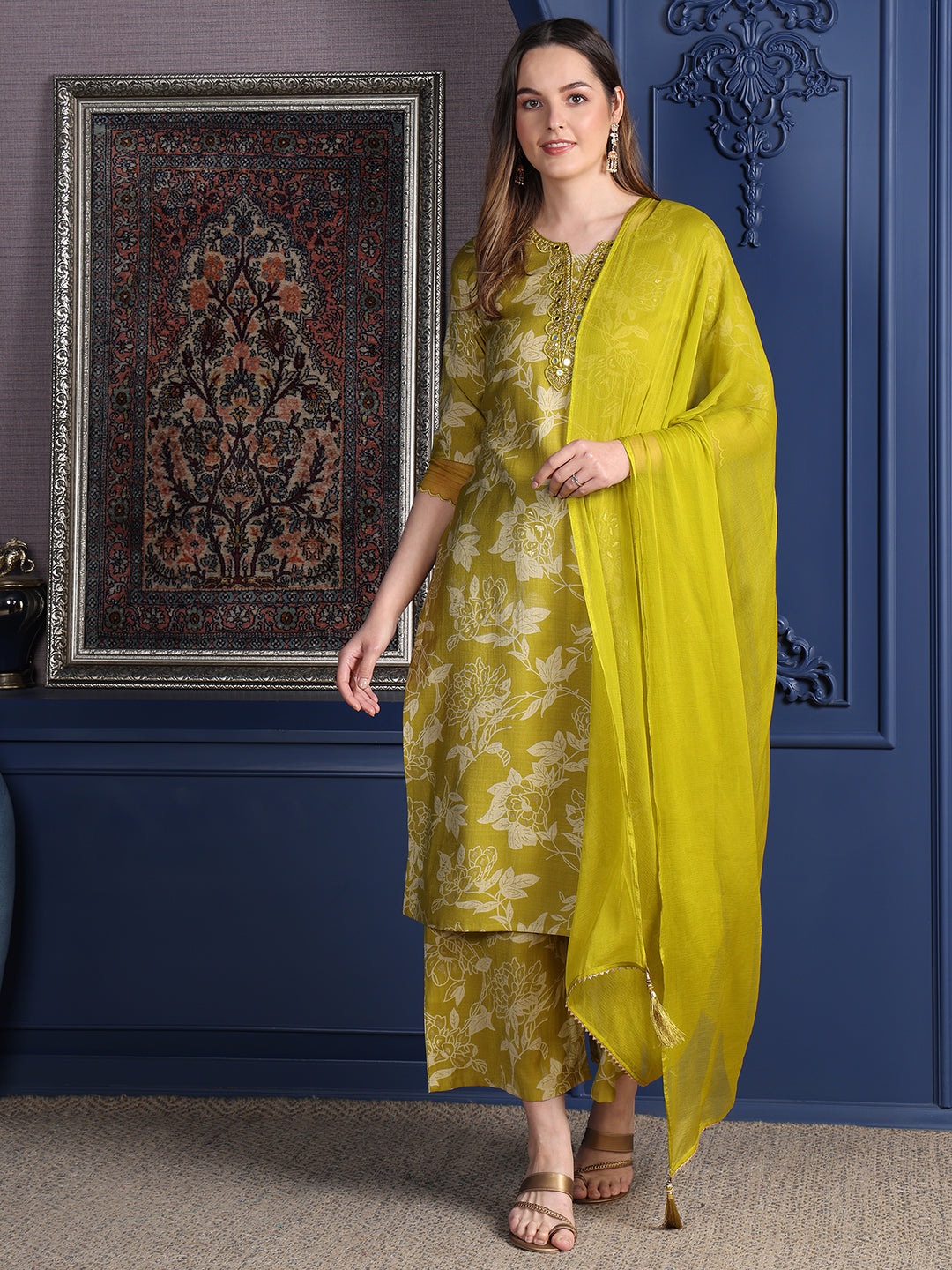 Embroidered & Printed Kurta With Palazzo & Dupatta, Green - Hiral Fashion