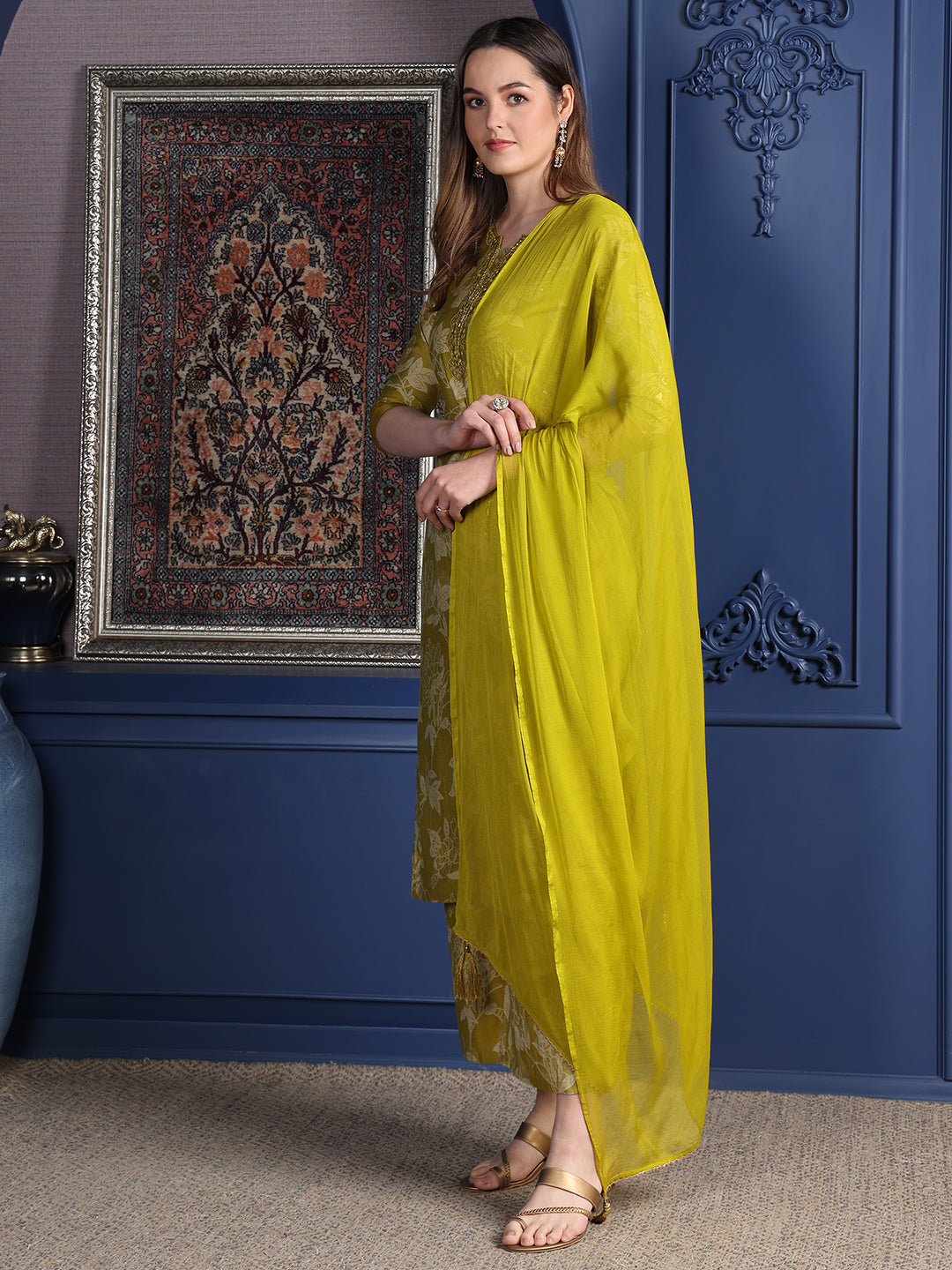 Embroidered & Printed Kurta With Palazzo & Dupatta, Green - Hiral Fashion