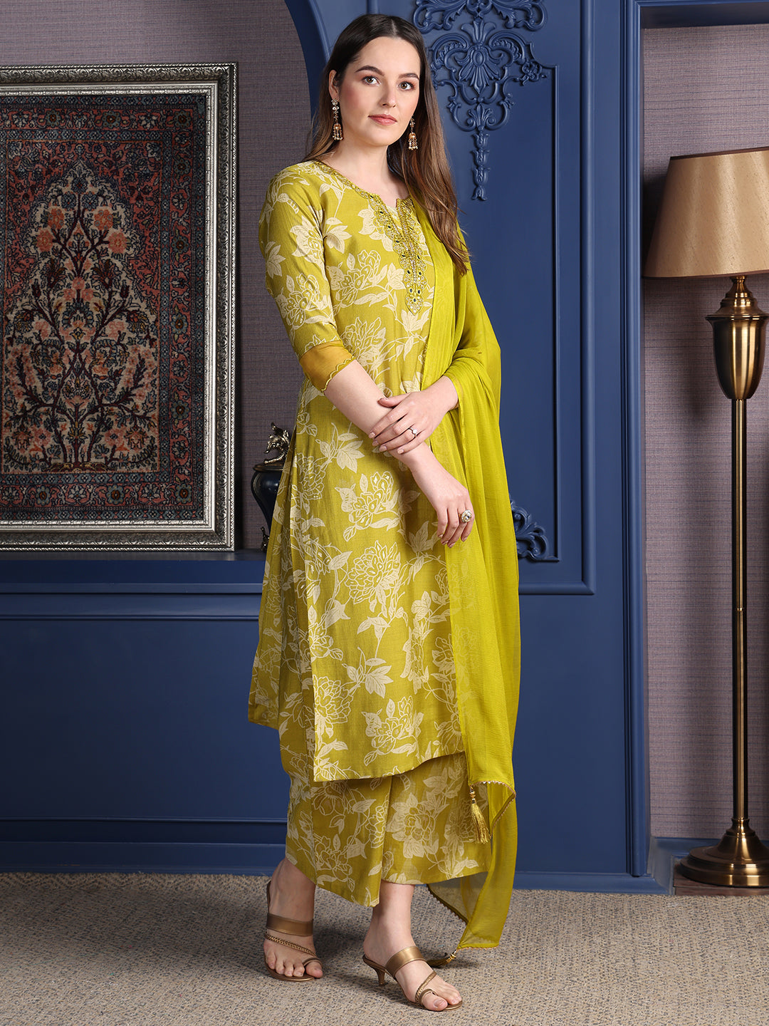 Embroidered & Printed Kurta With Palazzo & Dupatta, Green - Hiral Fashion