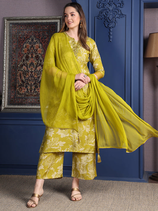 Embroidered & Printed Kurta With Palazzo & Dupatta, Green - Hiral Fashion