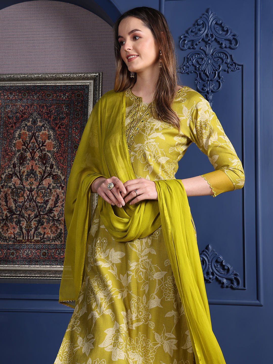 Embroidered & Printed Kurta With Palazzo & Dupatta, Green - Hiral Fashion