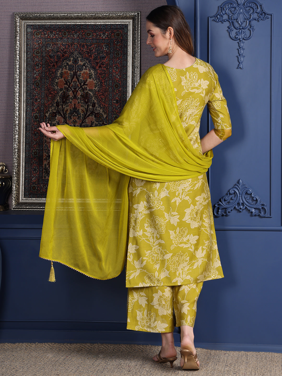 Embroidered & Printed Kurta With Palazzo & Dupatta, Green - Hiral Fashion