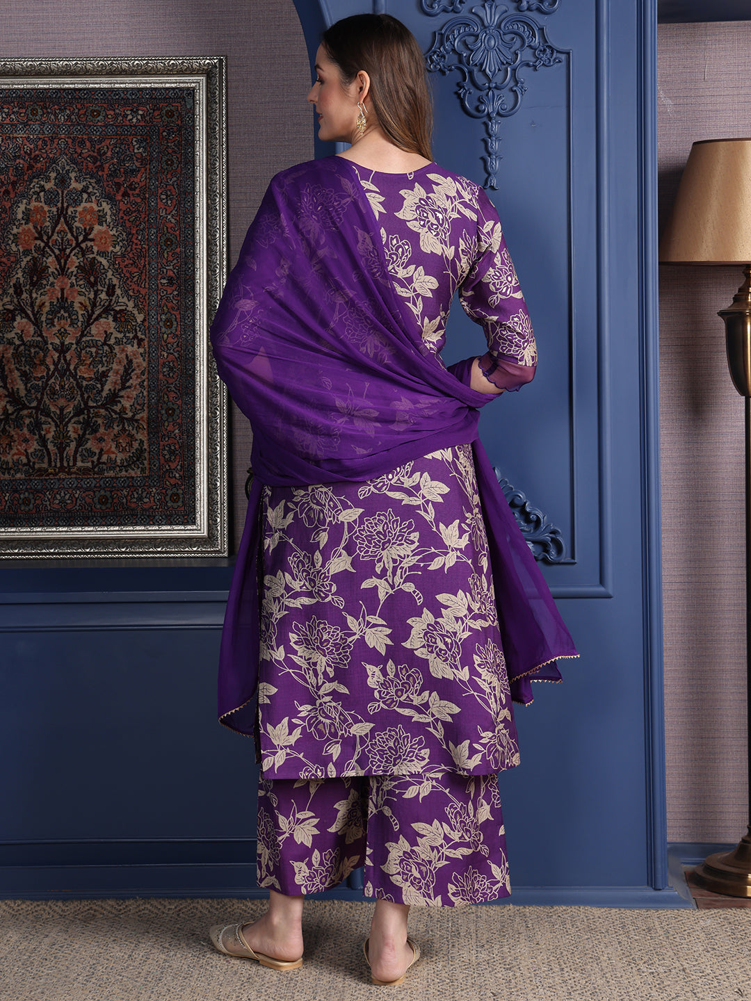 Embroidered & Printed Kurta With Palazzo & Dupatta, Purple - Hiral Fashion