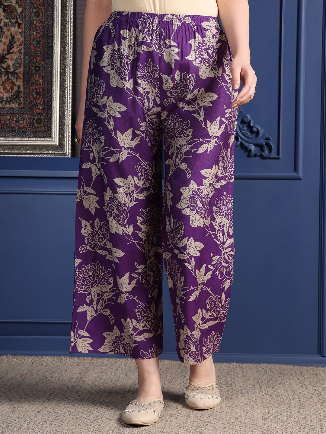 Embroidered & Printed Kurta With Palazzo & Dupatta, Purple - Hiral Fashion