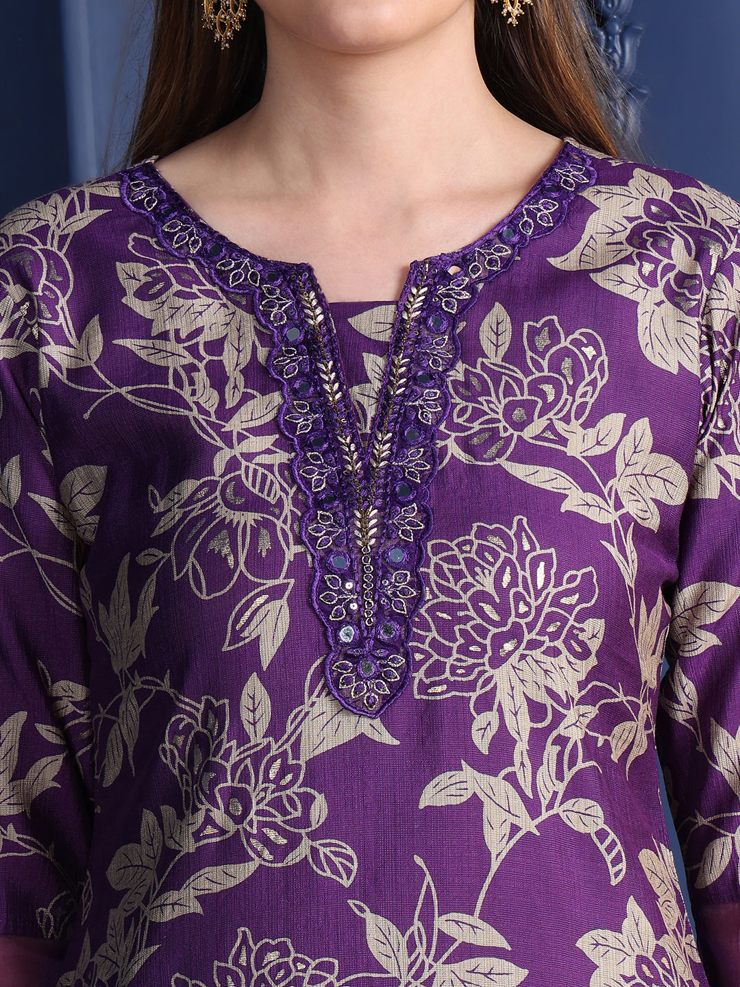 Embroidered & Printed Kurta With Palazzo & Dupatta, Purple - Hiral Fashion