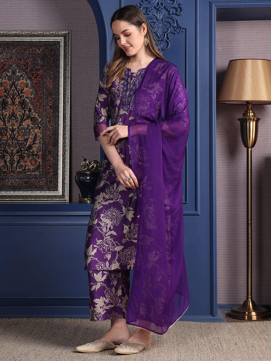 Embroidered & Printed Kurta With Palazzo & Dupatta, Purple - Hiral Fashion