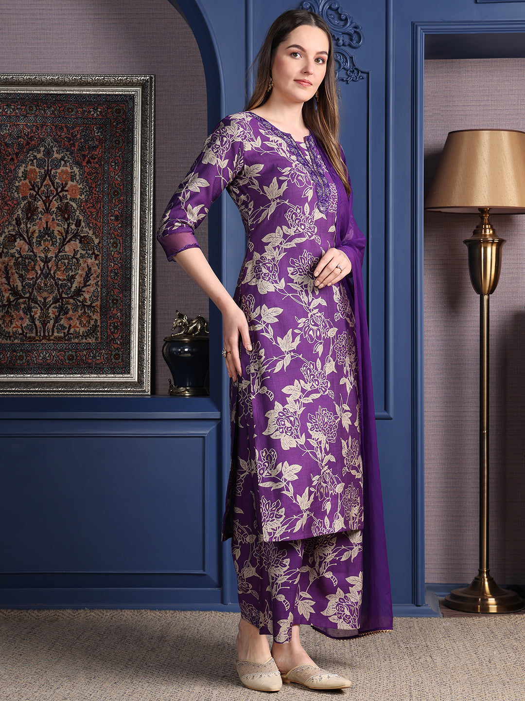 Embroidered & Printed Kurta With Palazzo & Dupatta, Purple - Hiral Fashion
