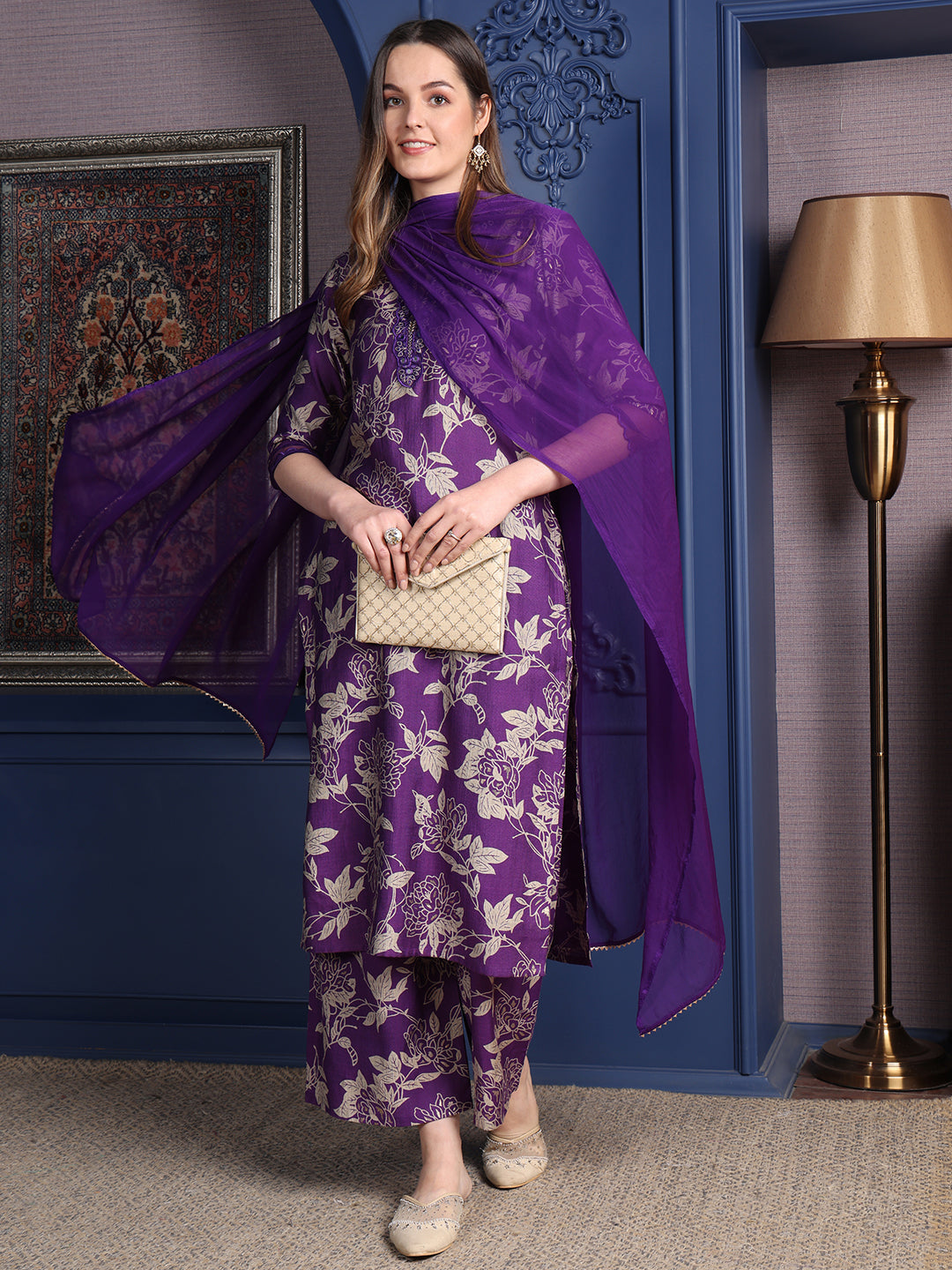 Embroidered & Printed Kurta With Palazzo & Dupatta, Purple - Hiral Fashion