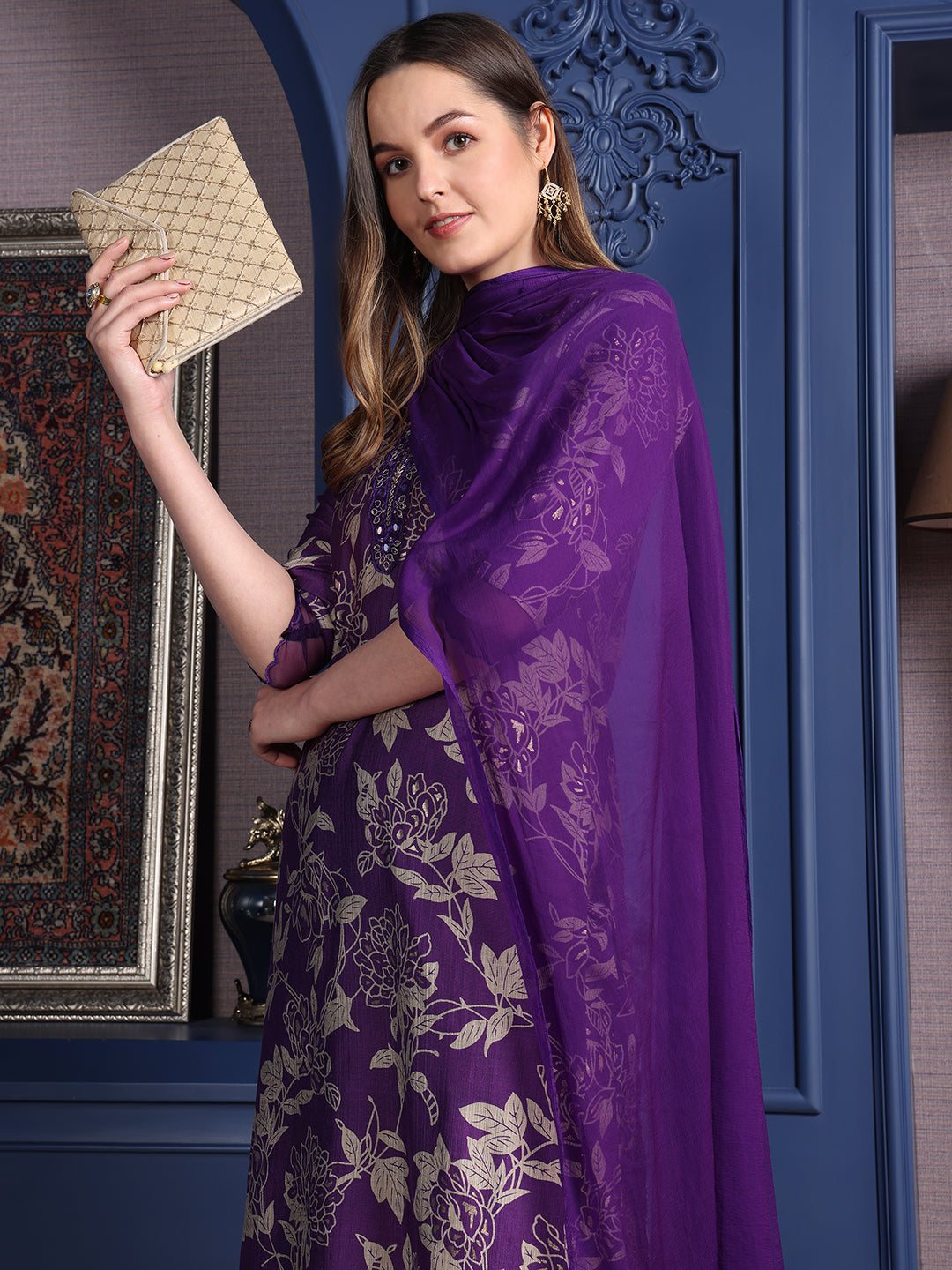 Embroidered & Printed Kurta With Palazzo & Dupatta, Purple - Hiral Fashion