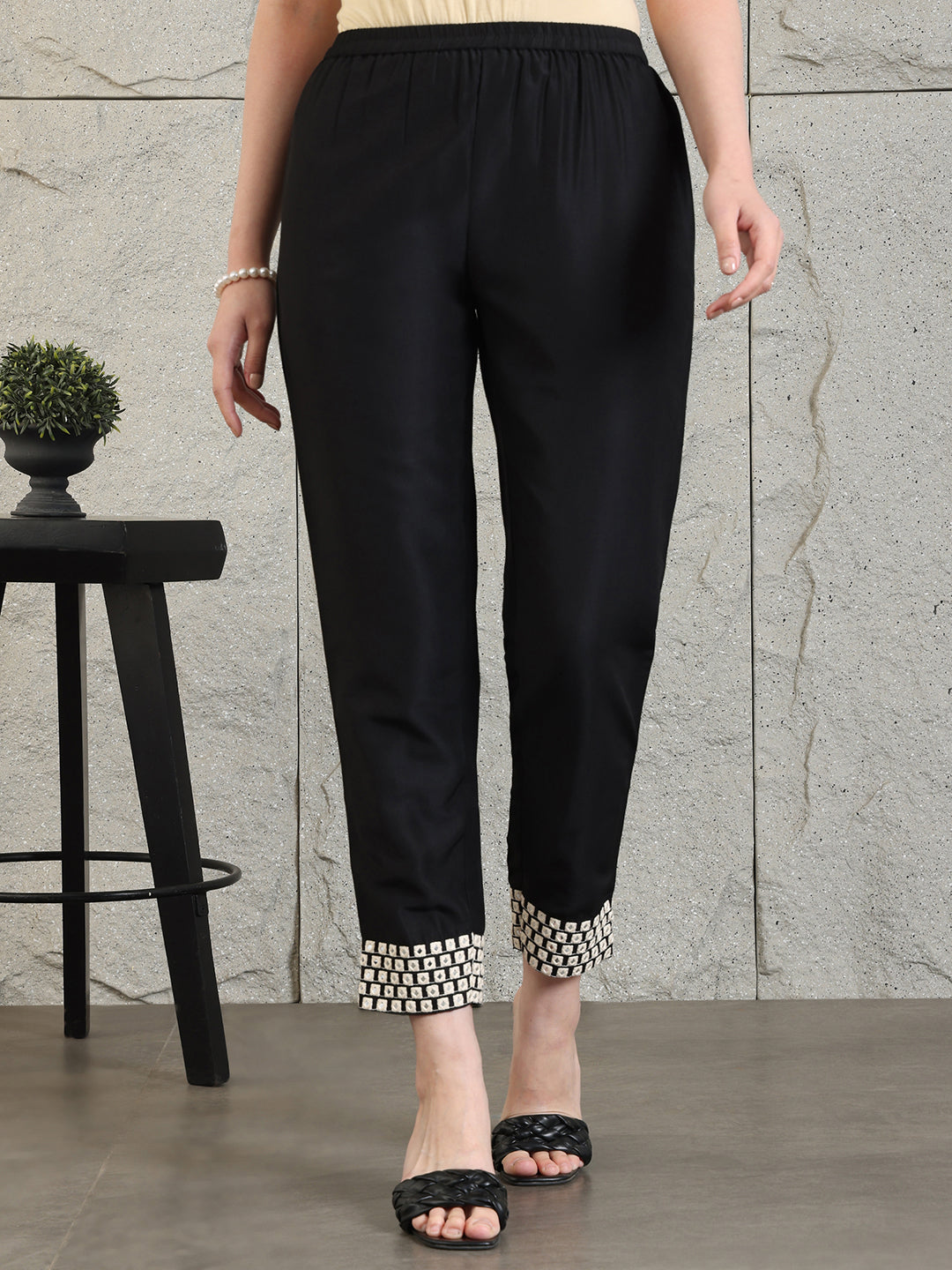 Mirror Embroidered Kurta With Pant & Necklace Dupatta, Black - Hiral Fashion