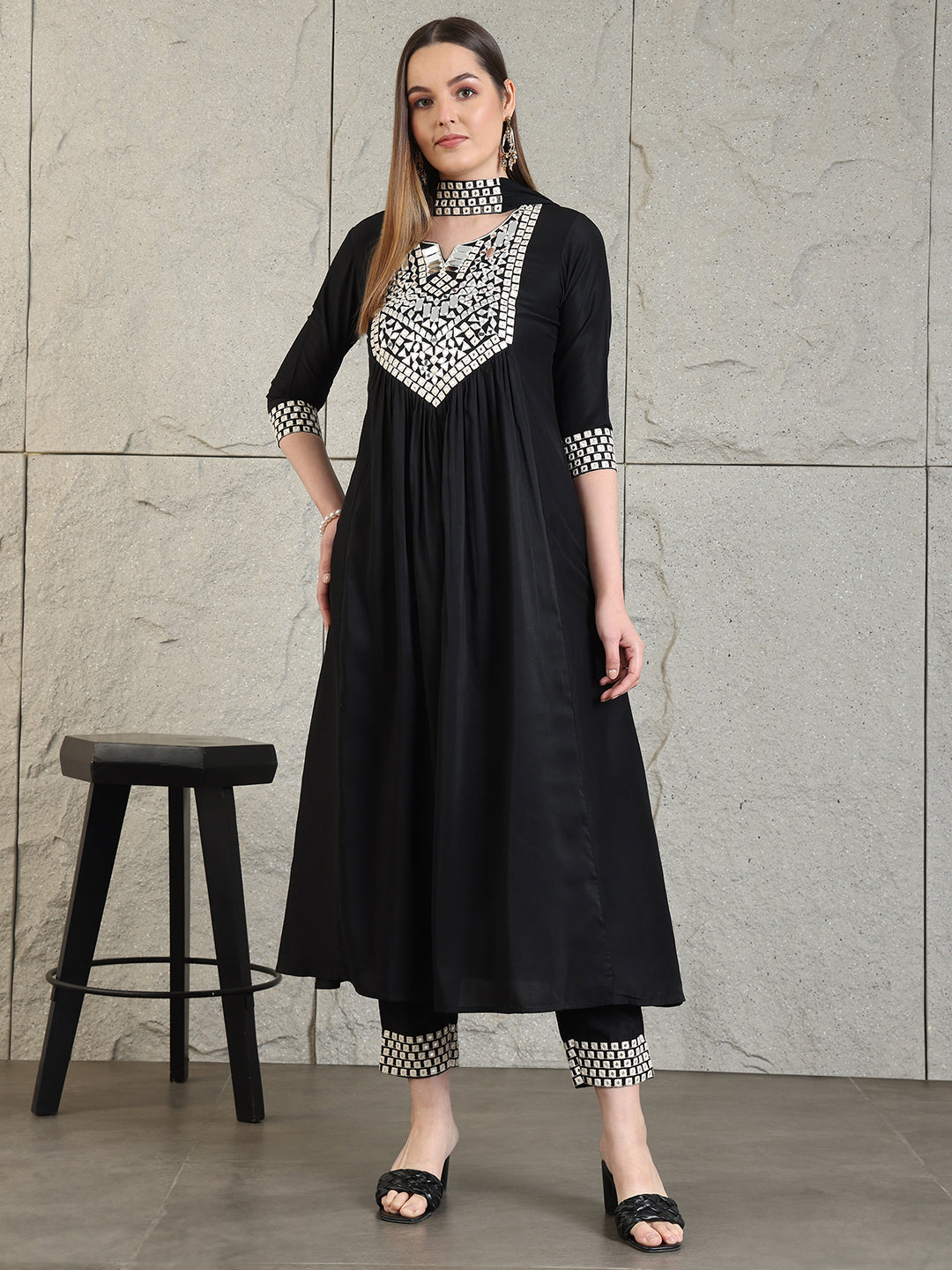 Mirror Embroidered Kurta With Pant & Necklace Dupatta, Black - Hiral Fashion