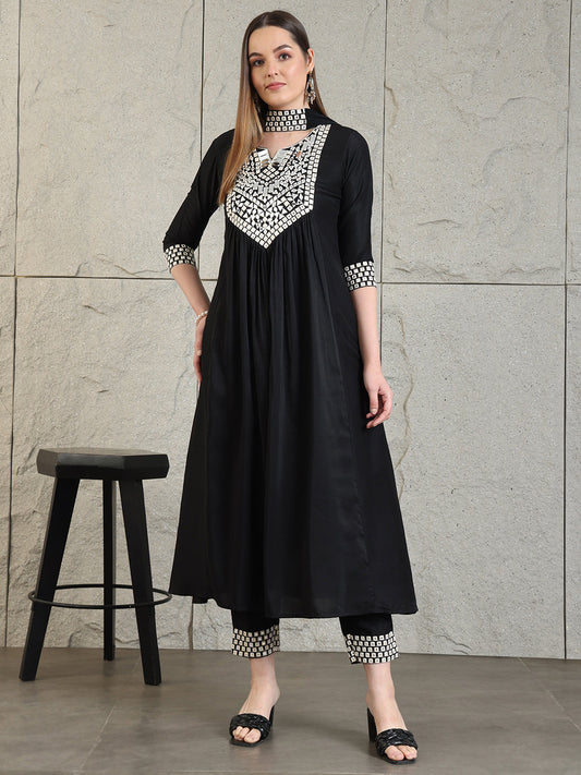 Mirror Embroidered Kurta With Pant & Necklace Dupatta, Black - Hiral Fashion